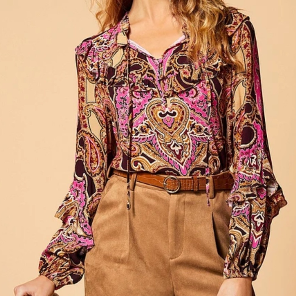 A Loves A Paisley Print ruffle, balloon‎ sleeve blouse